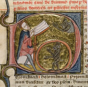 Royal MS 6E VI fol.535v ジェームズ・ル・パーマー作「オムネ・ボナム」より悪魔を召喚する魔術師