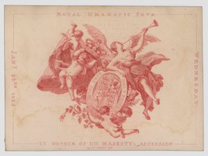1825年1月26日、ジョージ4世の即位記念日を祝して行われた王室のドラマチックなフェティ（カラー彫刻 作： English School