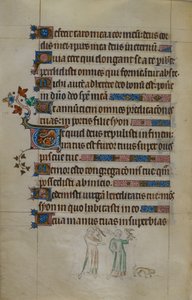 Royal ms 2_B VII f.177v 鷹を運ぶ 2 人の女性とその前に小さな犬がいるページのベース シーン、居住されたイニシャル、「Queen Mary Psalter」のイラスト 作： English School