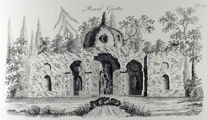 田舎の石窟、ウィリアム・ライト著「グロテスクな建築または田舎の娯楽」より（1767-90年頃に出版されたエングレーヴィング）（モノクロ写真 作： English School