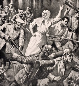 1916年にロンドンで出版された「The War Illustrated Album deLuxe」から、1915年にドイツ人に対して男性を率いるロシアの看護師ミラミクサイロビッチイヴァノフ 作： English School