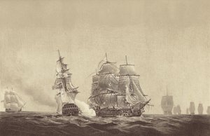 1808年8月26日、バルト海でスウェーデン海軍所属、トーマス・バイアム・マーティン艦長指揮のHMSインプラカブルに船籍を示すロシア船ヴセヴォロド（リトグラフ）。 作： English School
