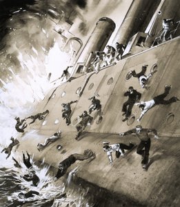 1915年にクロマーティファースで発砲したHMSナタールを脱出した船員 作： English School