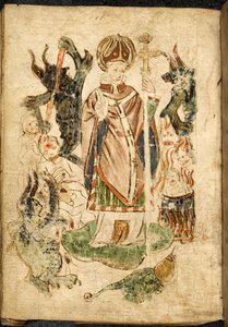 司教の衣装を着た聖パトリックは、悪魔と苦しめられた魂に囲まれた、ドニゴール (アイルランド) のダーグ湖の島に立っています。 「聖パトリックの煉獄」からの画像、英語の写本、m