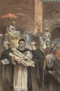 サラディンがキリスト教徒のエルサレムからの退去を許可する（彩色済み彫刻 作： English School