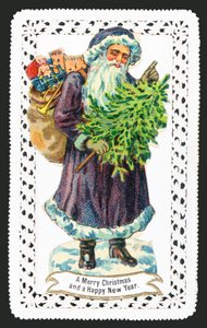 サンタクロースとおもちゃの袋とツリー、クリスマスカード 作： English School
