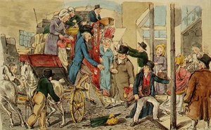 宿屋の風景、馬車の到着、1820年頃（紙にペンとインク、水彩画） 作： English School