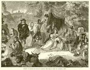 ロンドンの大火、1666年のハイゲートフィールズのシーン 作： English School