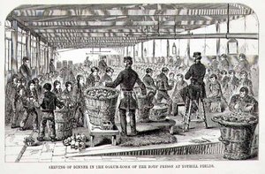 トティル・フィールズ少年刑務所のオーカム・ルームでの夕食の配膳（ヘンリー・メイヒュー（1812-87）とジョン・ビニーによる「The Criminal Prisons of London and Scenes of Prison Life」より 作： English School