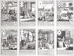 現在の商業ベンチャーと投資の風刺シーンを描いたトランプのセット、c.1720 作： English School