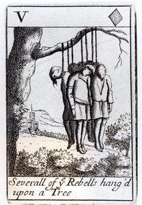 1685年にモンマスの反乱を記念したセットからのハートのトランプ5枚、木からぶら下がった数人の反逆者 作： English School