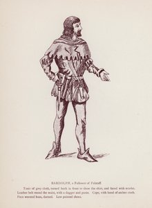 シェイクスピアの『ウィンザーの陽気な女房たち』。ファルスタッフの従者、バルドルフ（リトグラフ版 作： English School