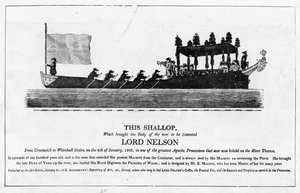 1806年1月8日、グリニッジからホワイトホール階段へのネルソン卿の遺体を運ぶシャロップ 作： English School