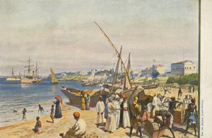 タンザニア、ダルエスサラームの海岸に浮かぶ船（カラーリトグラフ 作： English School