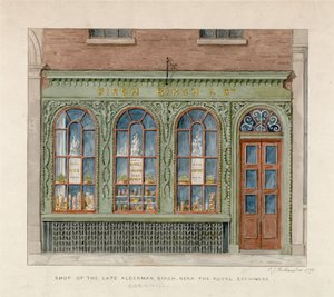 王立証券取引所近くの故アルダーマンバーチの店。 1871（紙にトイレ） 作： English School