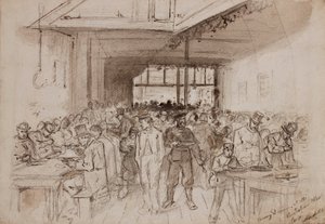 ？オーストラリアの食肉会社でのショーディッチ、ペニーディナー、1860年頃（紙に鉛筆、インク、ウォッシュ） 作： English School