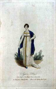 シニョーラ・コリーニ（b.1784）、1809年と1810年のヘイマーケットにあるキングズ・シアターのファースト・シンガー（カラー・エングレーヴィング） 作： English School