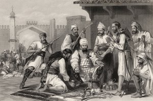 1858年に発行された「インドの反乱の歴史」から、反逆者から取った略奪品を分割するシーク軍 作： English School