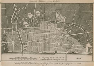 1666年の恐ろしい大火の後、クリストファーレンズ卿がロンドン市の再建を計画 作： English School