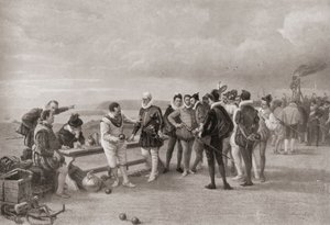 Sir Francis Drake jogando boliche, com a Armada Espanhola à vista em Plymouth Hoe, Inglaterra, em 1588. 作： English School