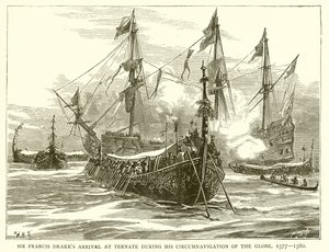 サーフランシスドレイクスが地球周回航海中にテルナテ島に到着、1577年-1580年 作： English School