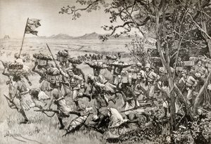 ヘンリー・モートン・スタンレー卿とその部下たちは、1887年、アフリカのエミン・パシャ救済遠征で、ようやく森から草原に姿を現した。 作： English School