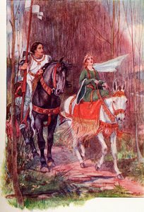 ランスロット卿とグィネビア王妃。1910年に出版された『The Gateway to Tennyson』からのカラーイラスト。 作： English School