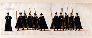 サー・ウォルター・ローリー、警備隊長、そして警備員。 1603 年 4 月 28 日、ウェストミンスター寺院に向かう女王エリザベス 1 世の葬列の一部。 作： English School