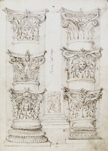 Six Capitals、Lesene and Two Column Bases、Folio 1、The Master of the Oxford Album、c.1512-17（ペンとダークブラウンのインク） 作： English School