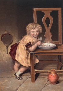 椅子に座って食事をする笑顔の子供（カラーリトグラフ） 作： English School