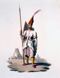 オスマン帝国陸軍の歩兵であるアルバニアの兵士、1818年（着色されたアクアチント） 作： English School