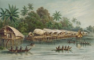 1896年にフリードリッヒラッツェル教授によって発表された「人類の歴史」第1巻から、ニューギニアの北海岸にあるパイルの村、ソウェク 作： English School
