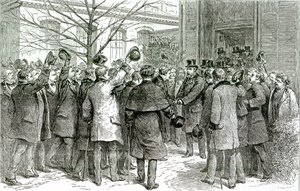 1890年12月6日、ザグラフィックから、英国の患者が治療を受けている王立病院を去るロバートコッホ氏（1843-1910） 作： English School