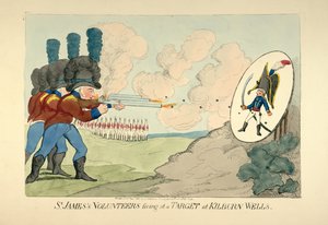 セント・ジェームズ・ボランティアがキルバーン・ウェルズの標的に向かって射撃する様子。1803年（手彩色彫刻 作： English School