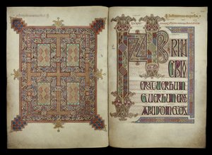 聖ヨハネの福音書；絨毯ページと序文ページ、コットン・ネロD. IV、f.210vとf.211r、リンディスファーンの福音書より、710-721年（ヴェラム）
