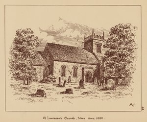 1880年に取り壊されたセント・ローレンス教会（リトグラフ） 作： English School