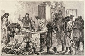 サンクトペテルブルクの警察、ニヒリスト印刷機を発見、1887年4月16日、「The Illustrated London News」より 作： English School