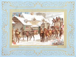 駅馬車と公共の家の外の馬、クリスマスカード 作： English School