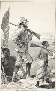 タンガニーカ湖に近づくスタンリー、J。ユーイングリッチー著「The Pictorial Edition of the Life and Discoveries of David Livingstone」のイラストA. Fullarton＆Co.、1876年 作： English School