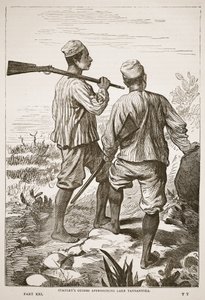 スタンリーズは、タンガニーカ湖への接近をガイドします。イラストは、Pictorial Edition of the Life and Discoveries of David Livingstone by J. Ewing Richie、pubです。 A. Fullarton＆Co.、1876年 作： English School