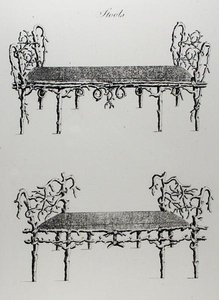 ウィリアム・ライト著『グロテスクな建築、または農村の娯楽』（1768年出版）よりスツール（彫刻）（白黒写真 作： English School
