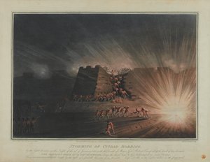 1815年2月に公開されたJHクラークとH.メルケによって彫刻された、1812年1月19日の夜の光部門によるシウダーロドリゴの嵐。 作： English School