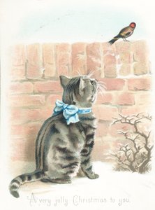 壁にフィンチを見ているトラ猫、クリスマスカード 作： English School