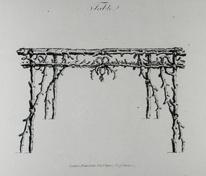 1768年に出版されたウィリアム・ライトの『グロテスクな建築、または農村の娯楽』からのテーブル（彫刻）（白黒写真） 作： English School