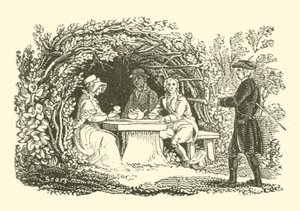 庭園でお茶を飲む（木版画 作： English School