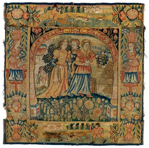 浴場に向かうスザンナを描いたタペストリー・クッション・カバー、1600年以降、イギリス、シェルドンで制作（ウール） 作： English School