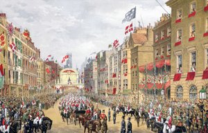 テンプルバー、1863年3月7日、エドワード7世の結婚の記念碑とデンマークのアレクサンドラ、パブから。 1864 作： English School