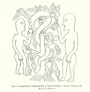 アダムとイブの誘惑、カウラムのフォントに描かれている（エングレーヴィング 作： English School