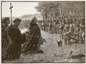 1415年10月25日のアジャンクールの戦いの後のイギリス軍の感謝祭、カッセルズイラストレイテッドイングランドの歴史のイラスト（セピア写真） 作： English School