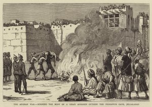 アフガン戦争、ジェラーラバードのペシャワール門の外でガージの暗殺者の遺体を焼く（彫刻 作： English School
